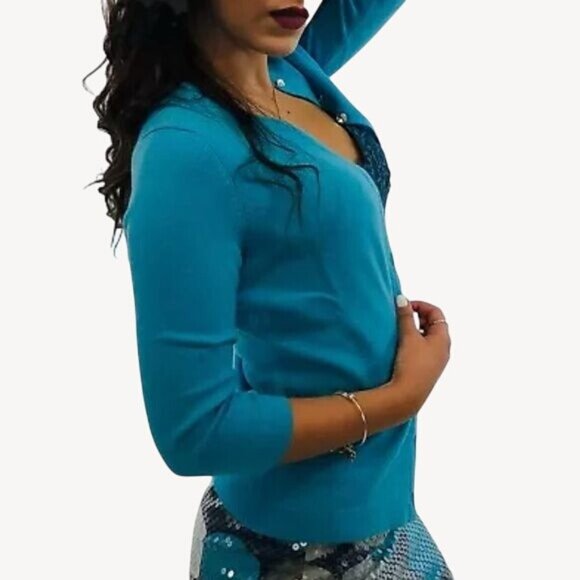 Ann Taylor Blue Cashmere Rhinestone Button Down Cardigan Sweater | Office Siren - Picture 2 of 15